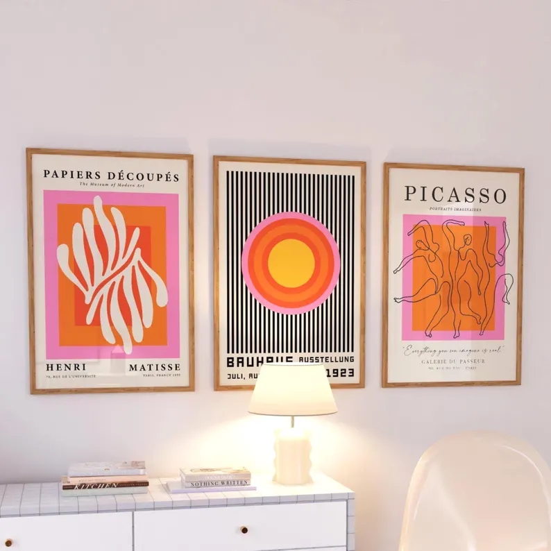 Home Decor Orange - 3pcsModern Orange Bauhaus And Picasso Wall