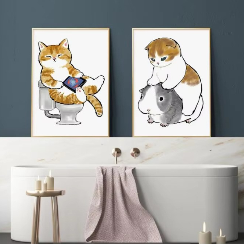 Home Decor Orange - 1PC--Adorable Orange Cat Bathroom Poster Print