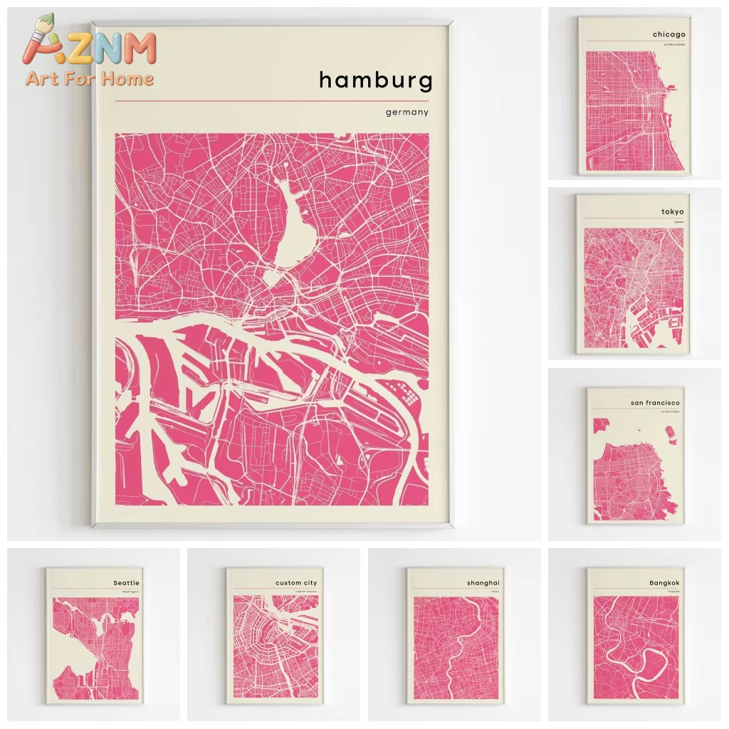 Home Decor Tokyo - 1PC,City Maps Posters and Prints Pink
