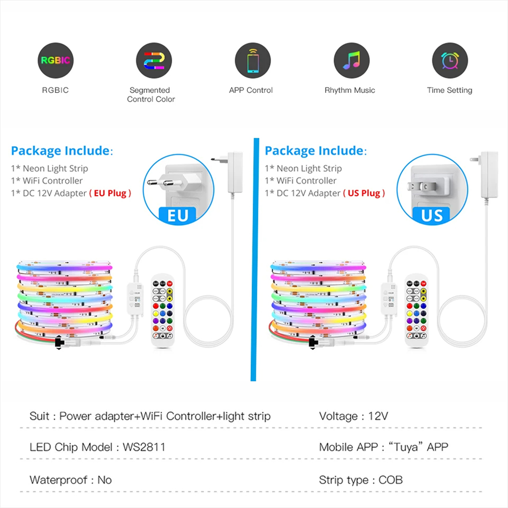 Tuya WiFi WS2811 RGBIC COB LED - đánh giá và giá Home Decor Free App